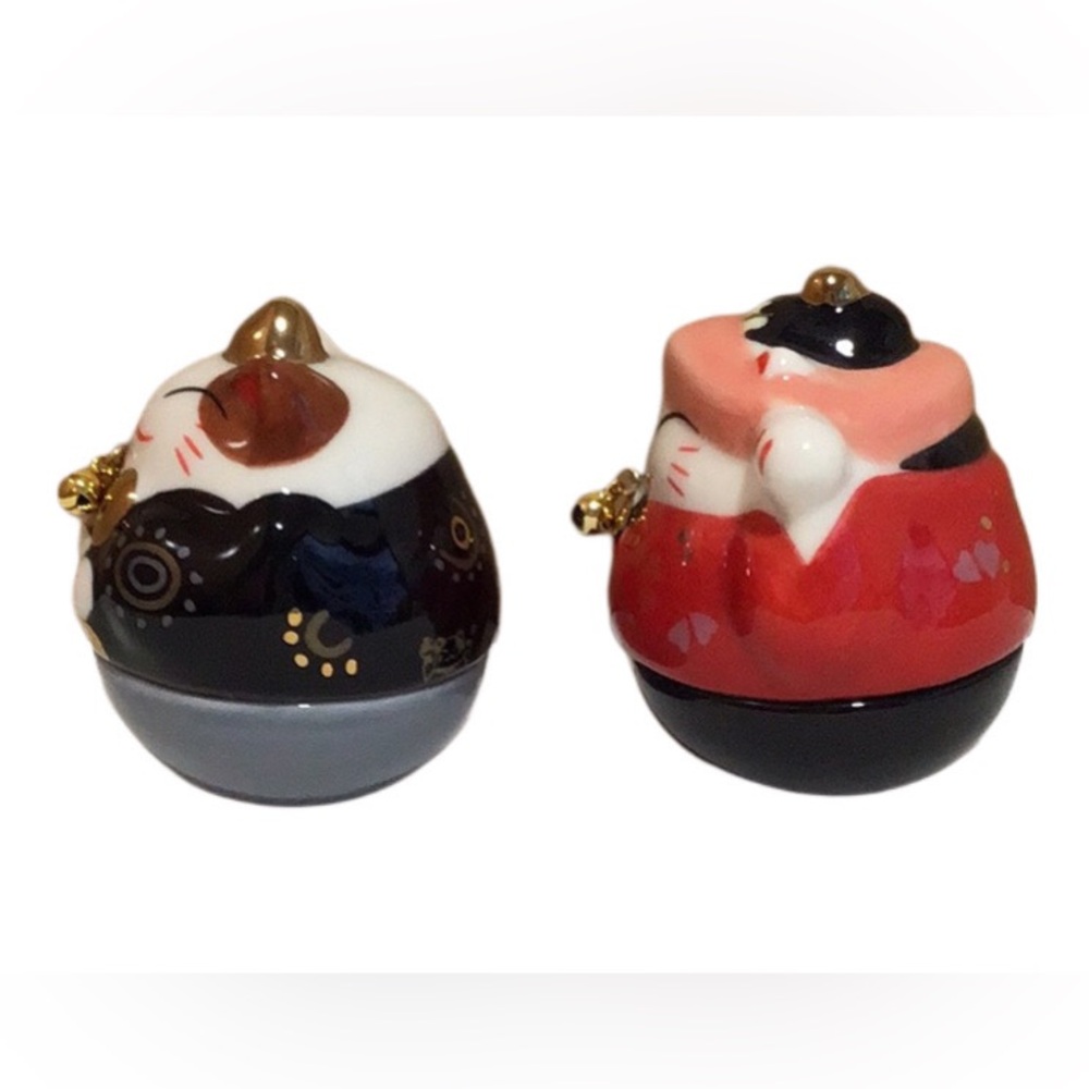 Vintage Japanese Lucky Cats Weighted Roly Poly Fortune Cat Figurines, Set of 2 - Picture 6 of 8